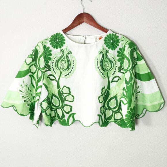 FARM Rio Cropped Top Botanical Print Green White Size L Resortcore - Picture 1 of 8